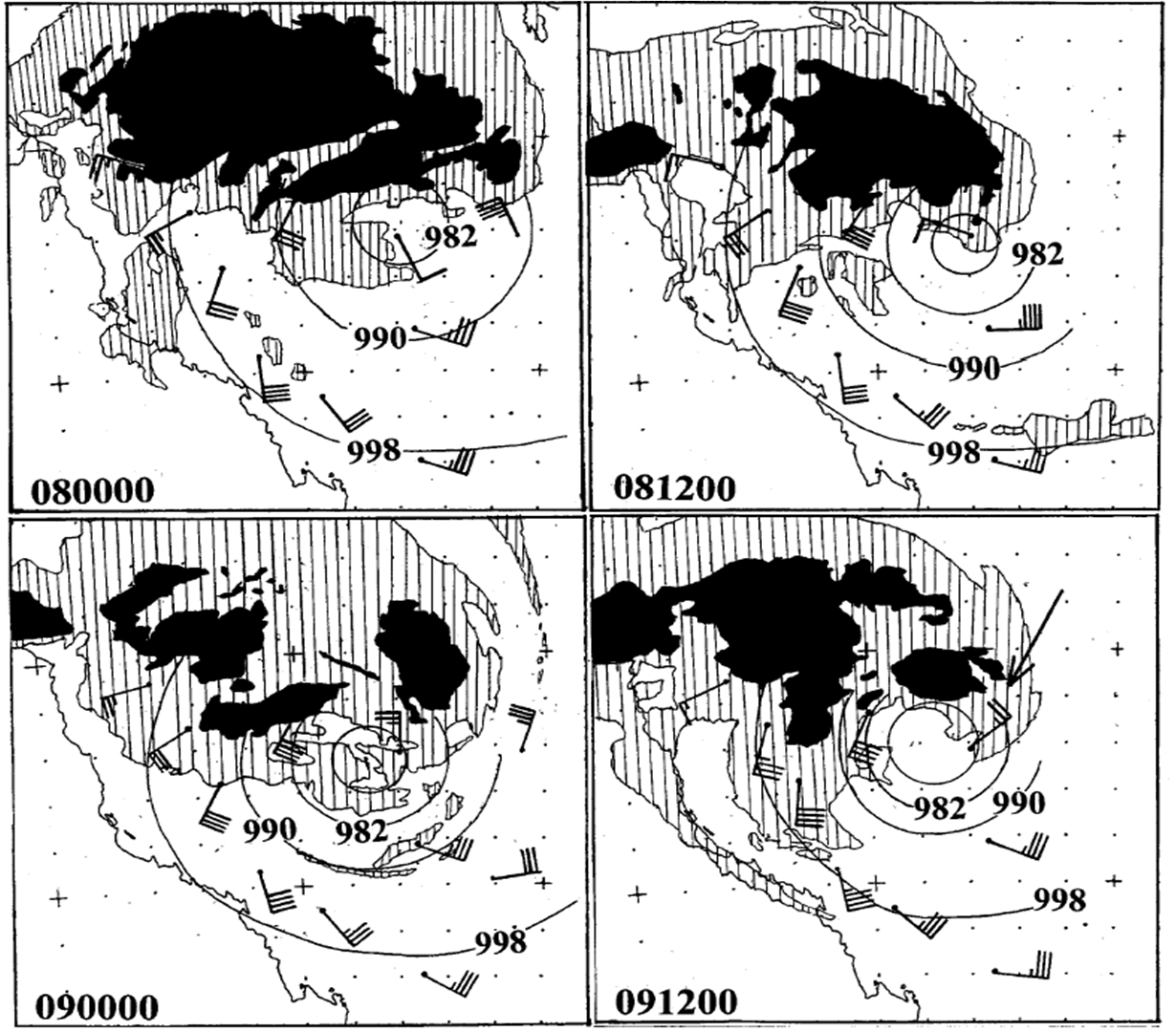 Mean sea level pressure analyses with plotted wind observations for tropical cyclone Justin for 8 March 1997